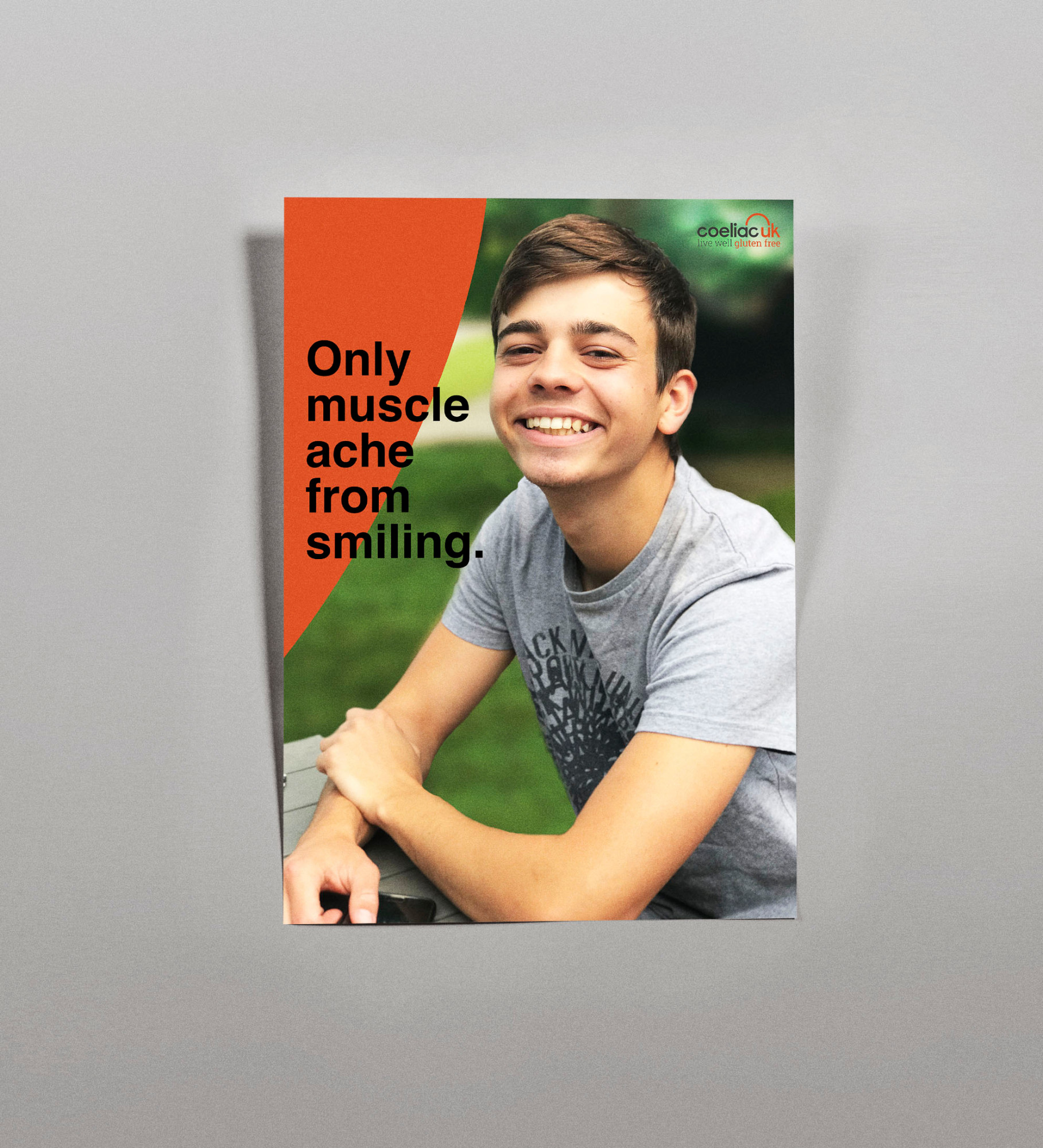 "Only muscle ache from smiling". A poster that expresses the happiness felt by someone after being diagnosed with Coeliac disease, as they begin to feel better again.