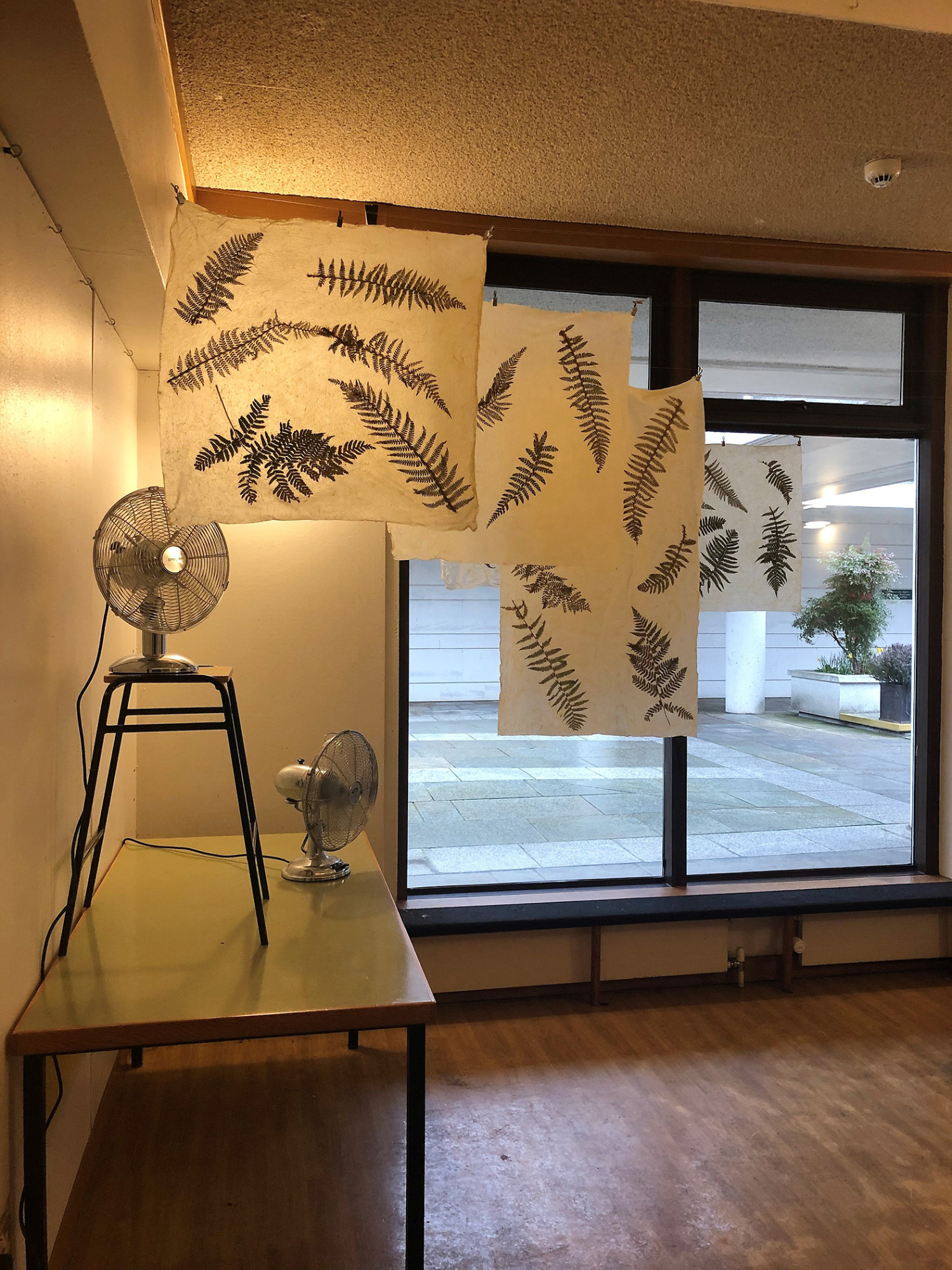 "Contingent on Carbon", 2019, Installation – Latex, fern fronds, lab stools, desk fans - Sarah Strachan