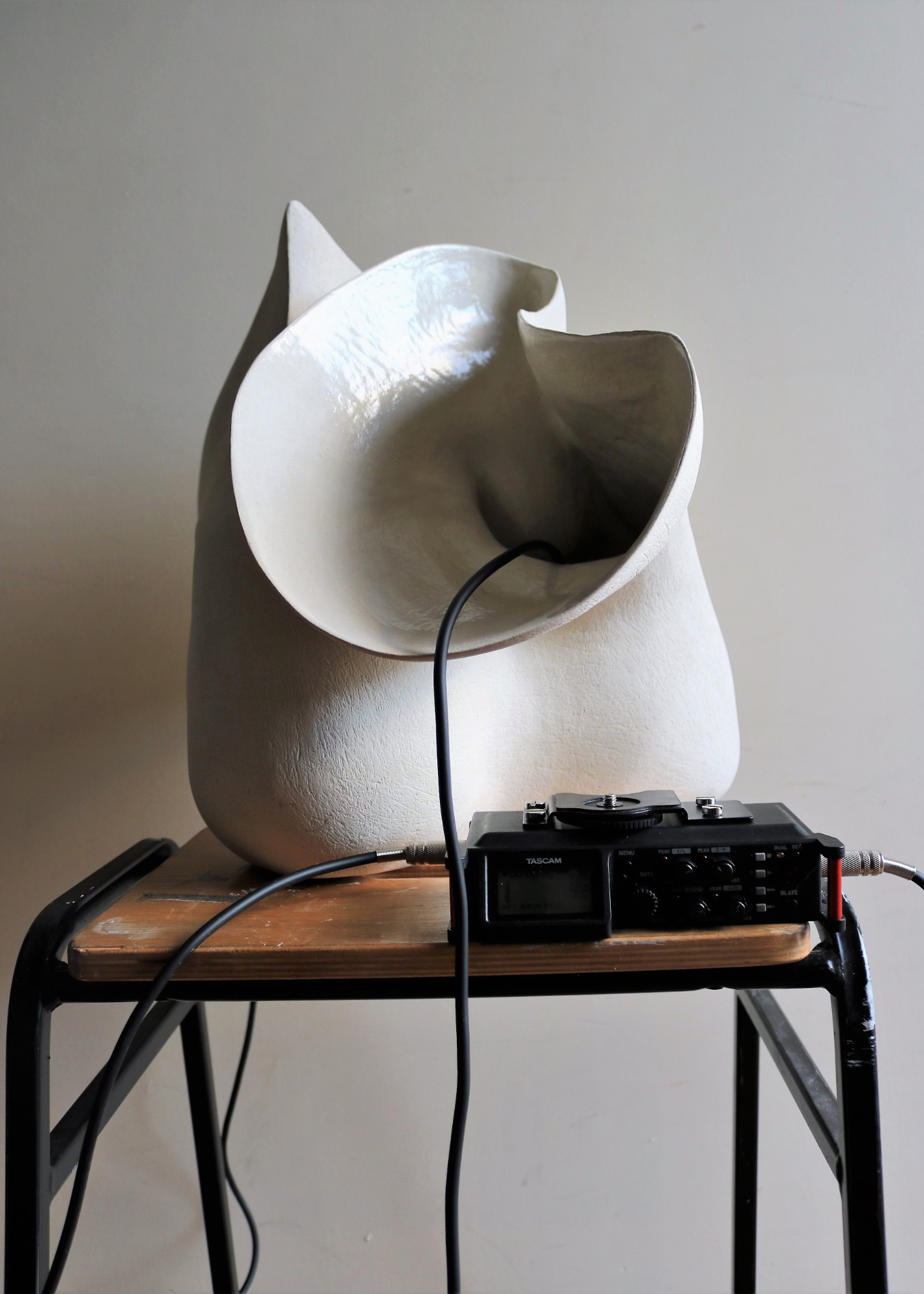 Objects listening II, 2020, Installation - Ceramic, water, lab stool, hydrophones, digital recorder, speaker, headphones - Sarah Strachan