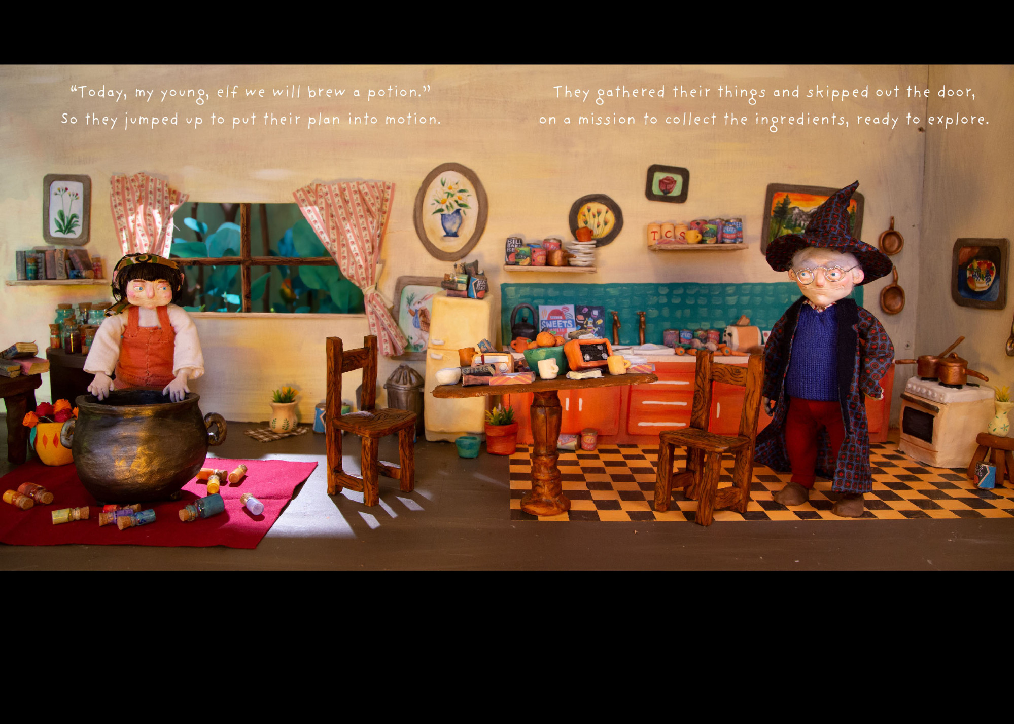 Scene within book, which includes hand-made set and puppets. Jade Groves.