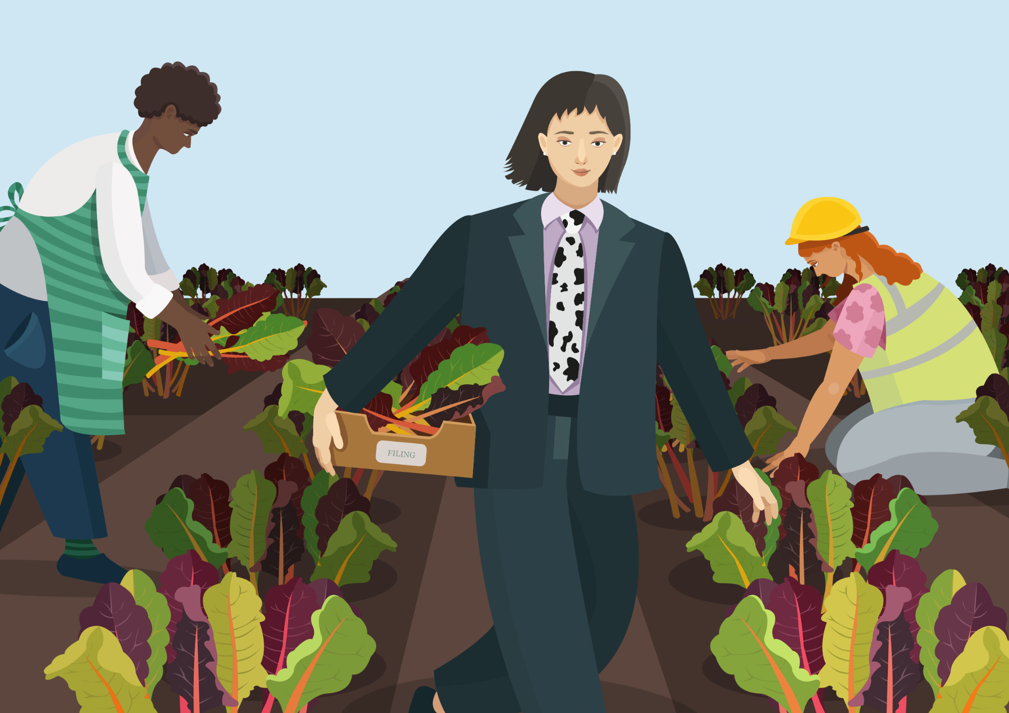 Illustration for an editorial piece based on an article in BBC News, encouraging furloughed workers to become fruit and vegetable pickers during the Covid-19 outbreak. Isabella Richardson.