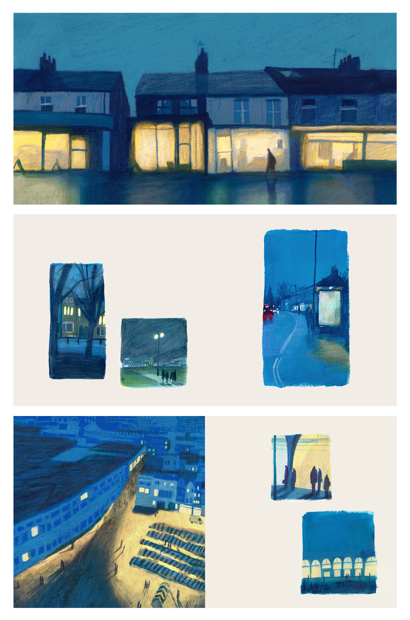 Three selected layouts from the book ‘Habitats’, which explores figures and light sources at night. This work was selected for the AOI World Illustration Awards long-list. The whole book can be found on Jodie’s website. Jodie Howard.