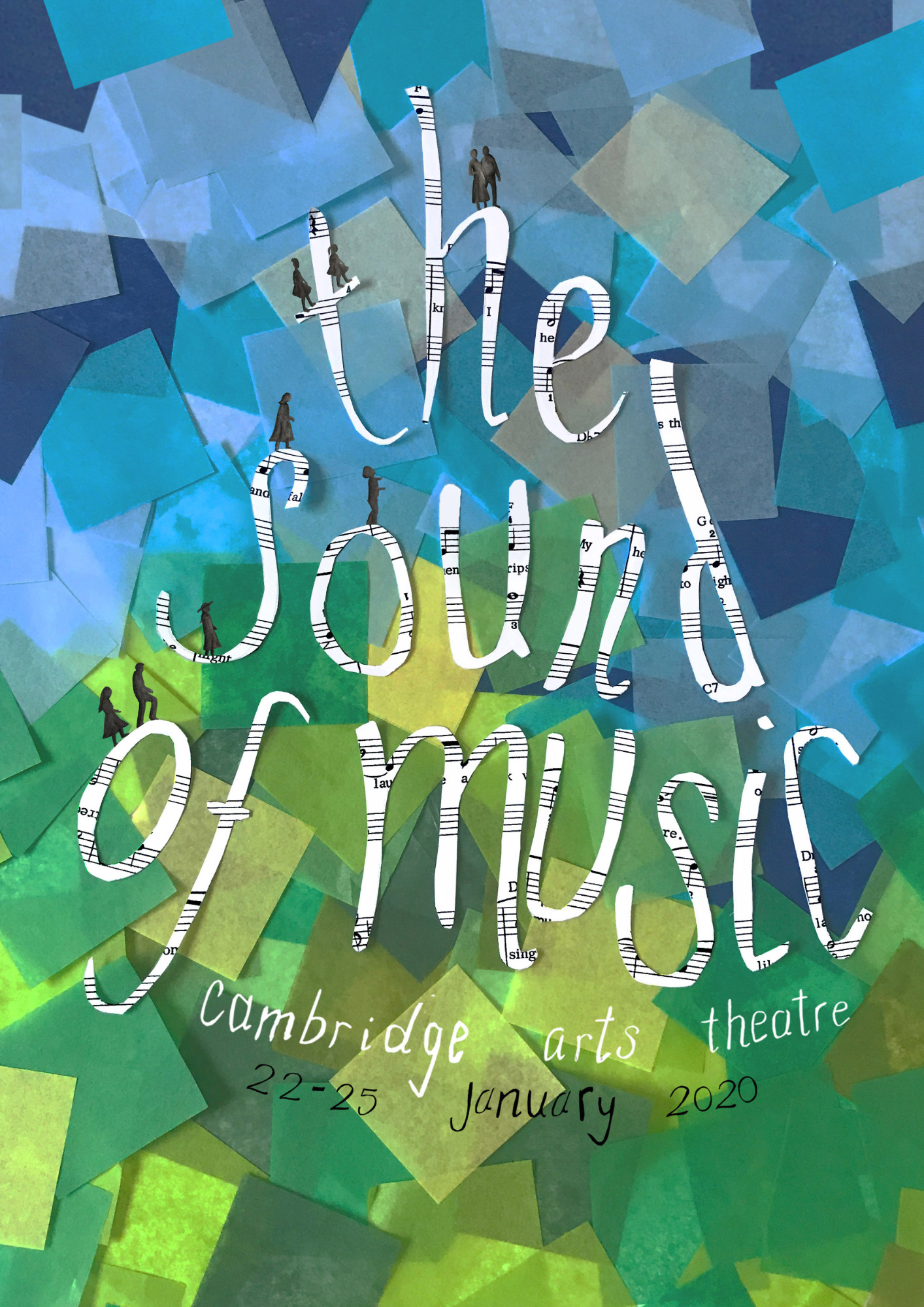 "The Sound of Music" Souvenir Poster. This poster celebrates the joyful energy that is present in the play. The theme of music and family is portrayed by the paper cut letters (sheet music) and the small illustrations of the von Trapp family climbing up the type. The vibrant colour scheme in the background resonates with the beautiful scenery of the Alps. Lauren Maxwell.