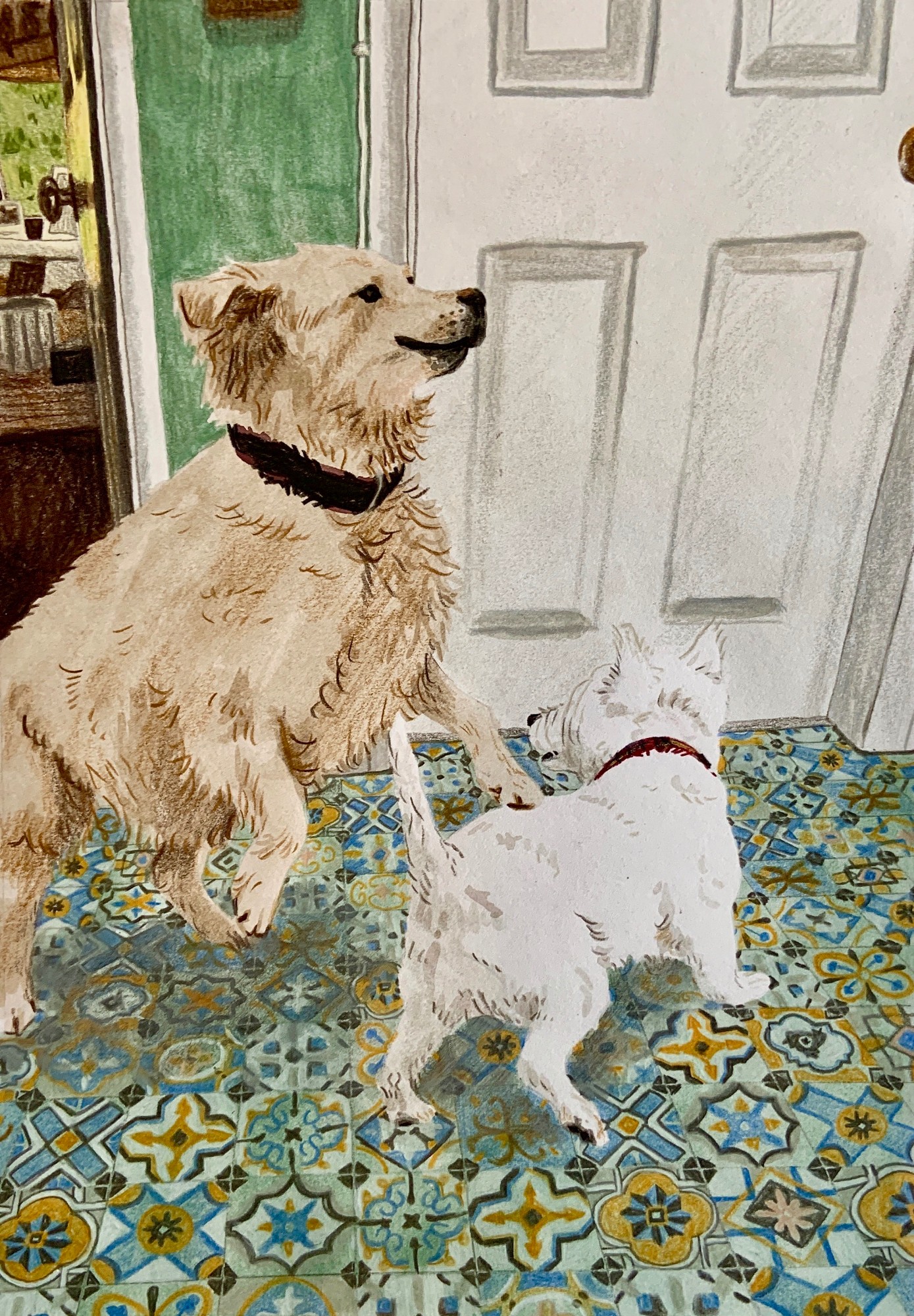 Visitors! Maisy and Fergus playing in the hall, gouache and pencil. Alice Richards