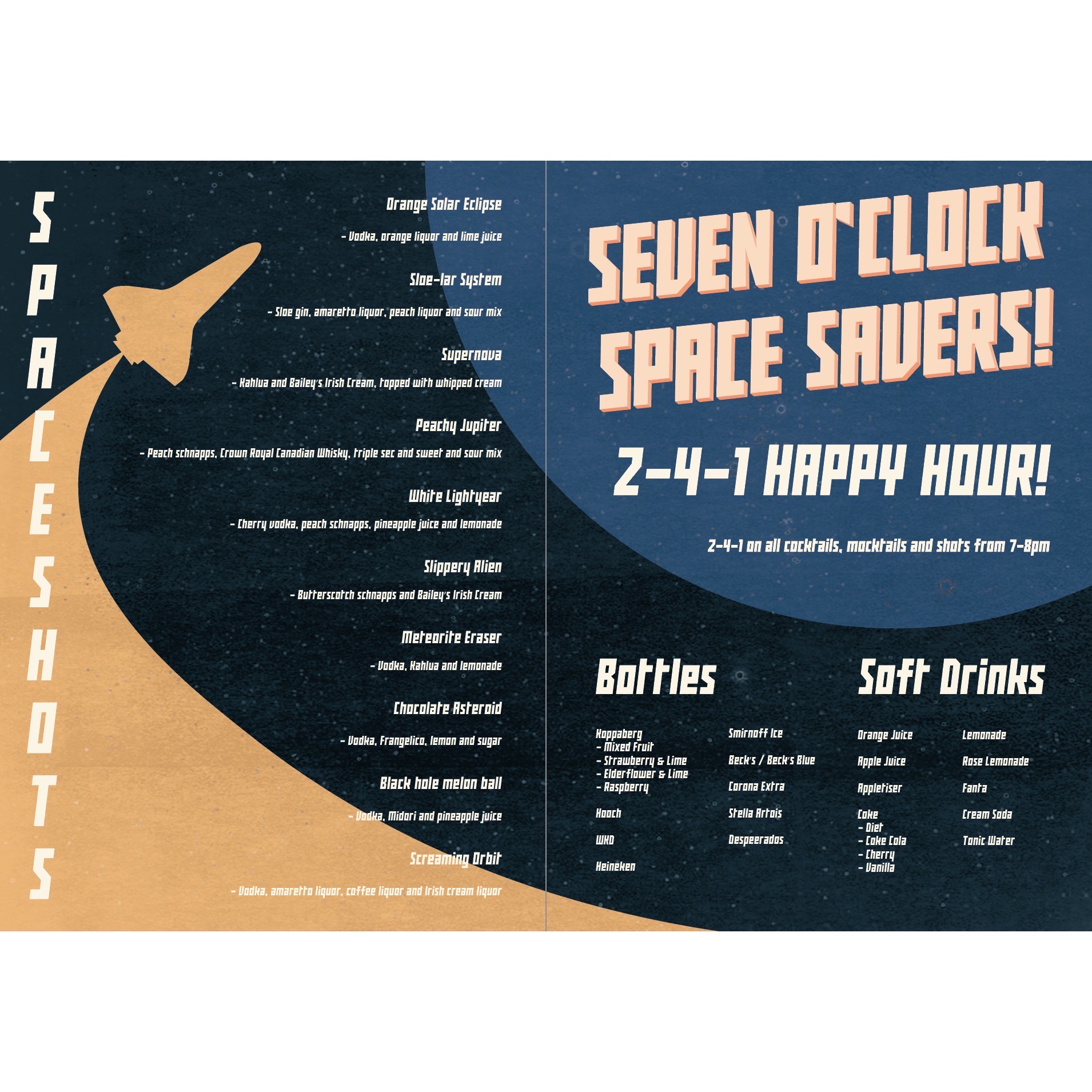 "Space themed menu - This is one of the double page spreads from a space themed menu. Each cocktail, mocktail and shot have space themed names. George Inwards."