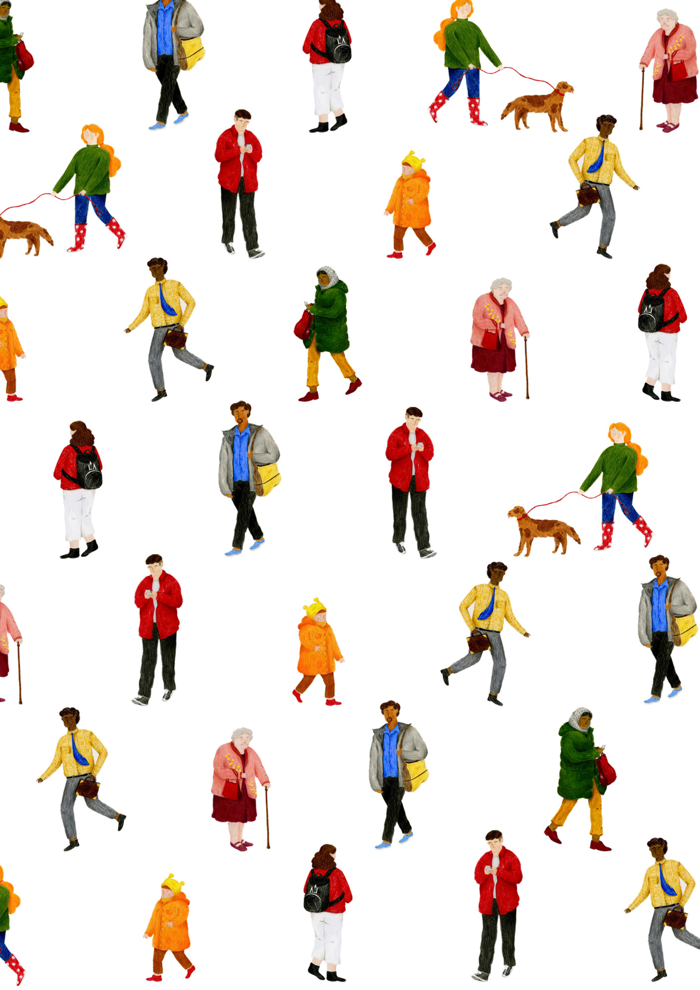 Pattern design of characters created from observational figure drawings in the streets of London. The characters celebrate diversity in society today through the texture and bright colours. Kayleigh Keen.