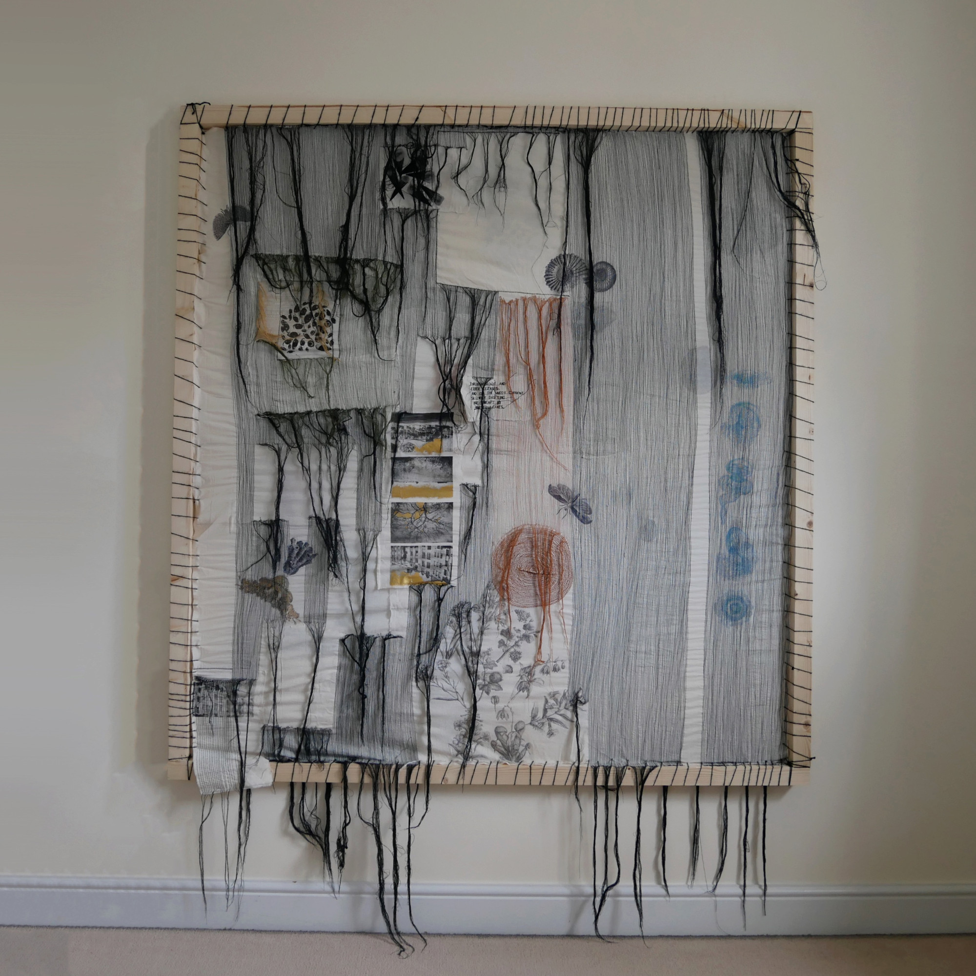 "Sweet Agony", (side A and side B, double sided composition), 2020, image transfer, polymer print, and acrylic thread on canvas, in a wooden frame, 170x150cm. Edina Horvathova.