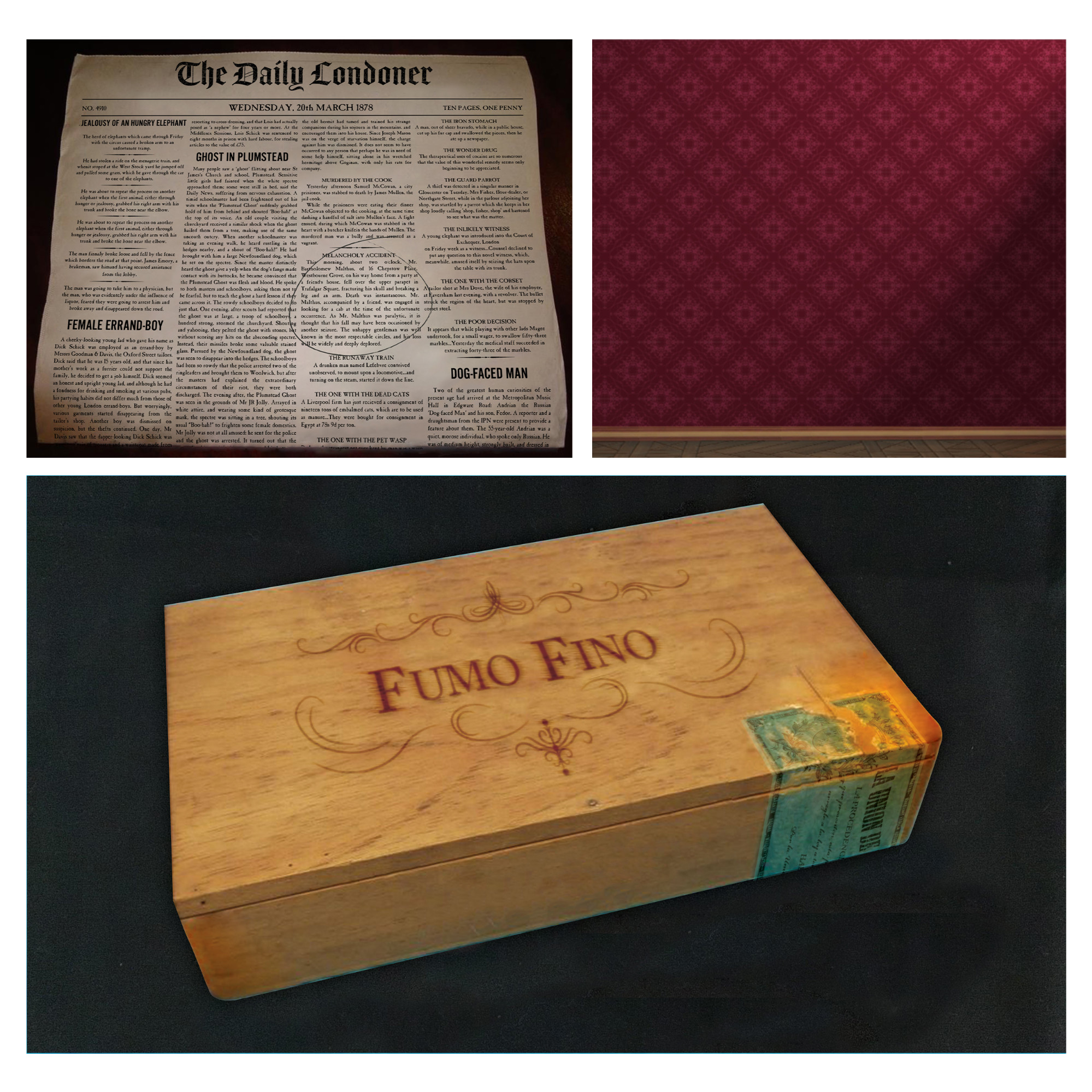 Graphic props for hypothetical film based on the book “The Suicide Club: Story of the Young Man With the Cream Tarts” - cigar box and, newspaper and wallpaper.