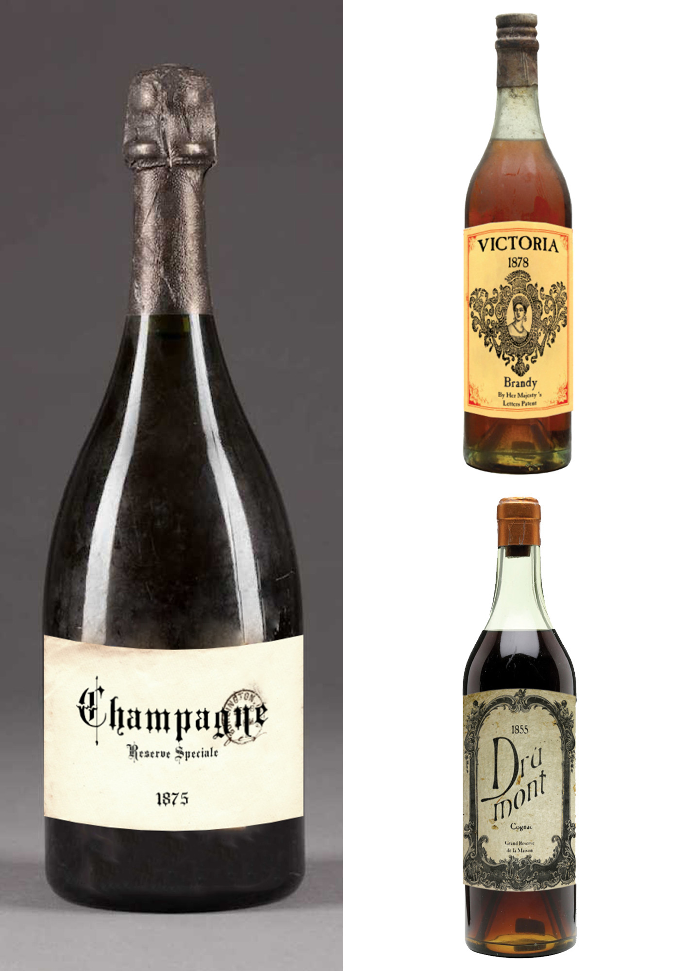 Graphic props for hypothetical film based on the book “The Suicide Club: Story of the Young Man With the Cream Tarts” - bottle labels (champagne, cognac and brandy)