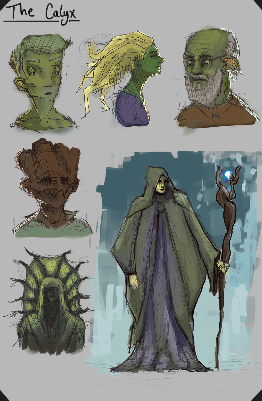 Selection of sketches showing ‘the Calyx’ (plant based humanoids) from the Lost Eons world