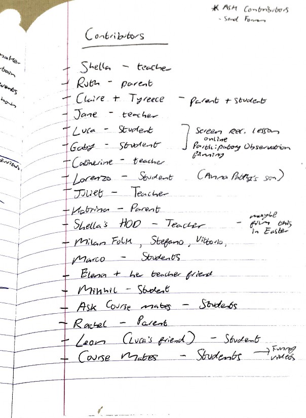 In the pre-production stage, my two major responsibilities were to complete all documents and to carry out necessary research. Completing contributor forms to gain filming permission was a vital part of this project, as many of my contributors were under the age of 18. In this stage of the process I had to draw up a list of all contributors I wanted to contact.