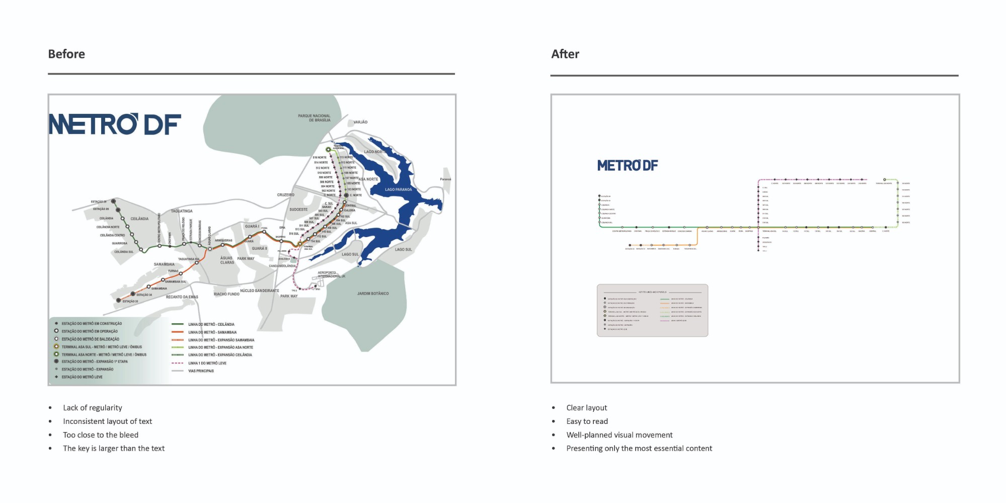 Original metro map of Brasilia vs the redesigned version