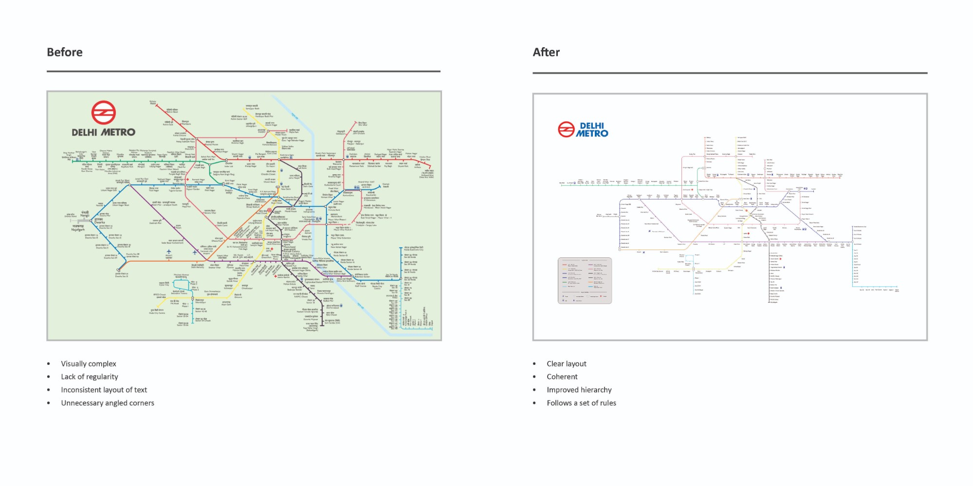 Original metro map of New Delhi vs the redesigned version