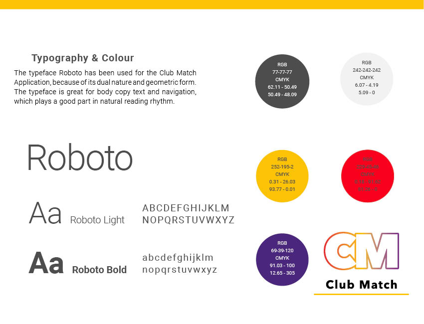 Inside information about the Typeface and the colour palette used on the Club Match Application.