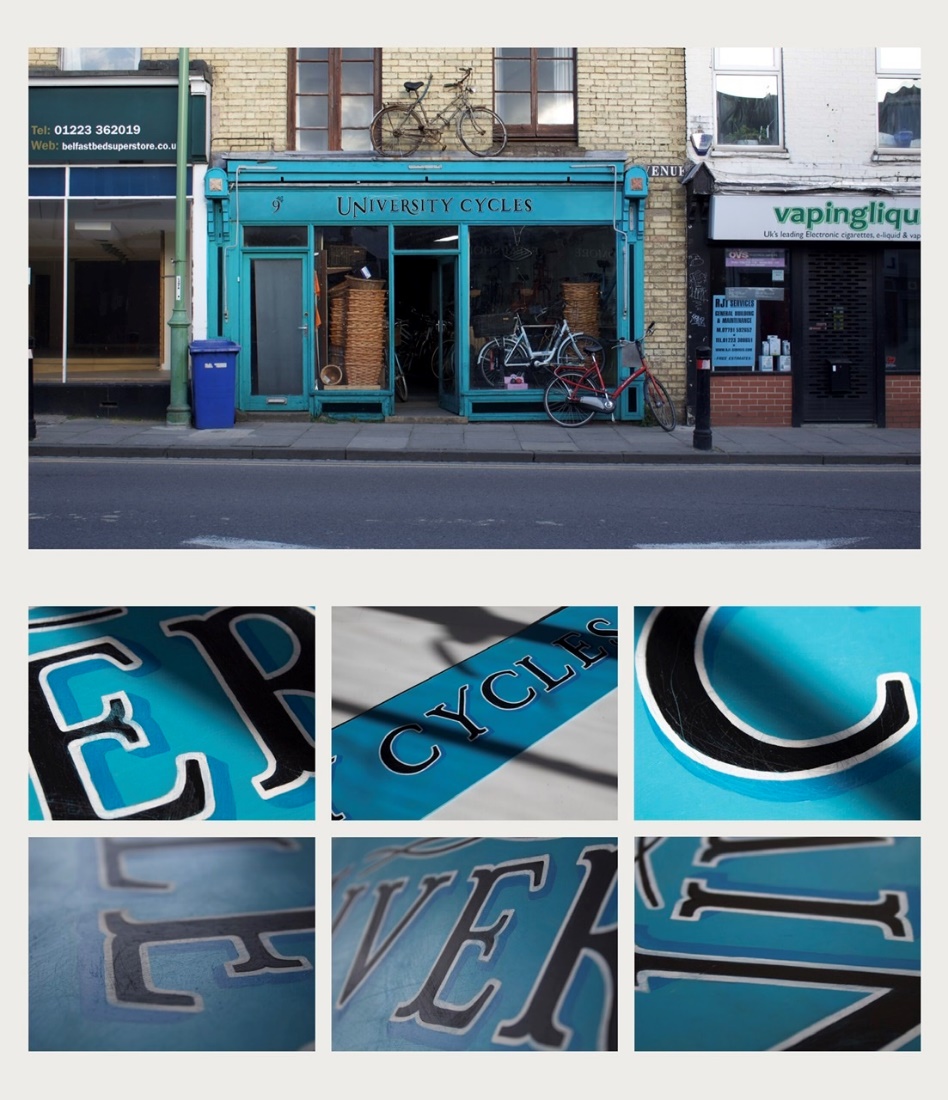 University Cycles shop front re-brand. Hand-painted sign which I then created a digital mock up of how it would look on the shop.
