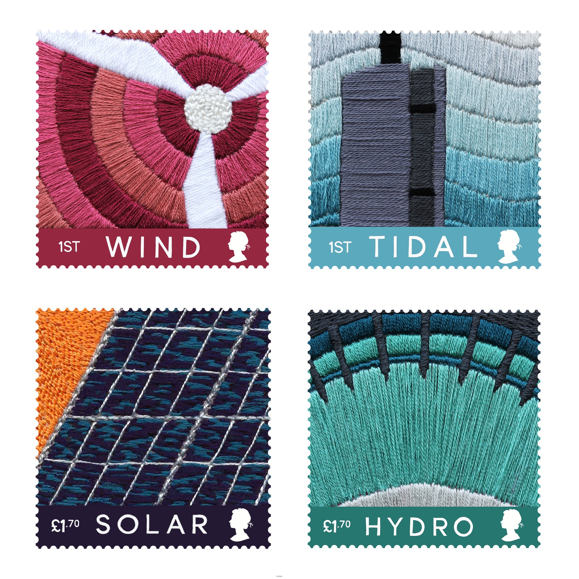 These embroidered postage stamp designs promote types of renewable energy.