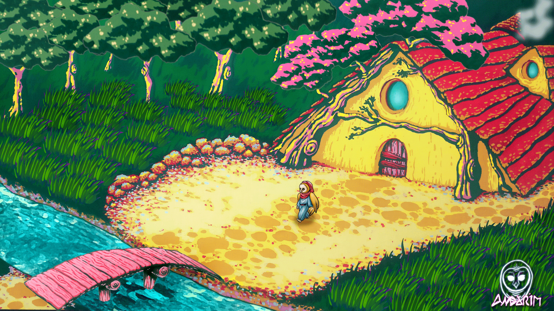 "The Lynx's House" Little Oli, the Owl, walking outside the old lynx's house. Screenshot of the game prototype for my final year project. Assets were made with mixed media - gouache and digital.