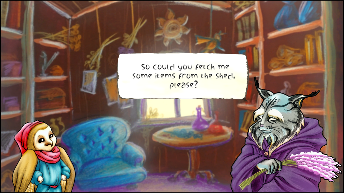 Dialogue scene between Oli and the ol lynx, from Andarim - a game prototype for my final illustration project. Assets made with gouache, edited in Photoshop.