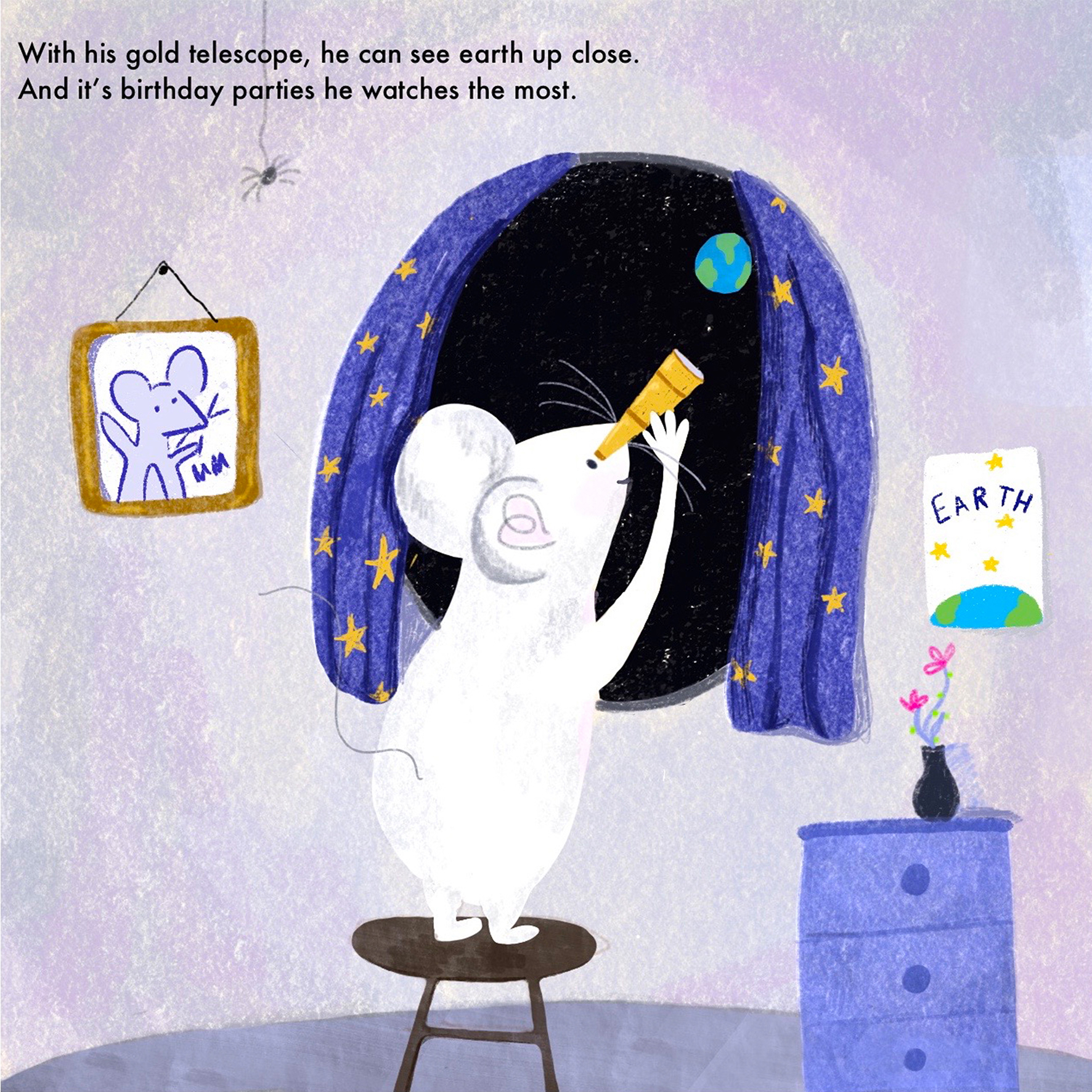 Page illustration from a children’s book about a mouse living on the moon, as part of entry for Carmelite prize.