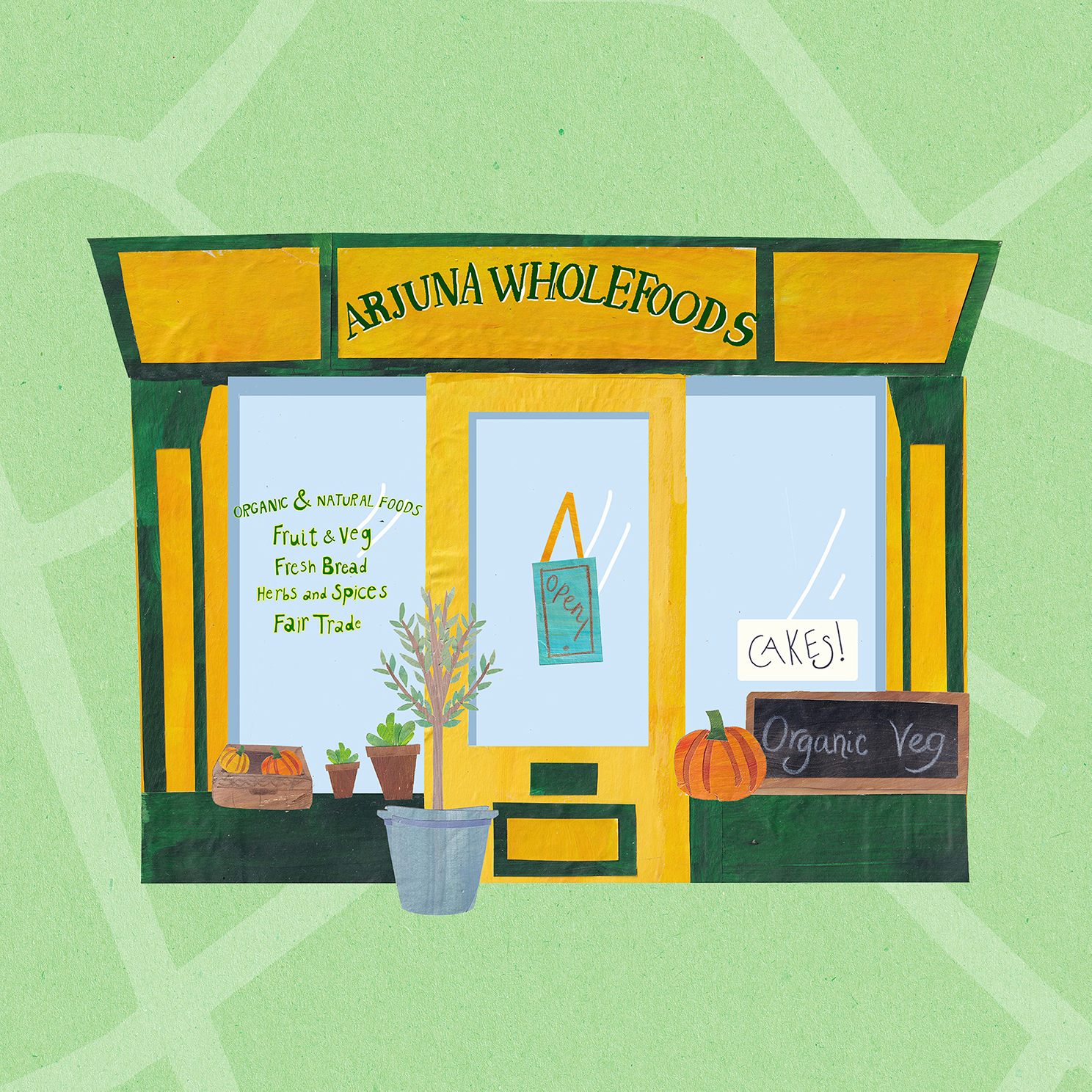 Collage illustration of local shop.