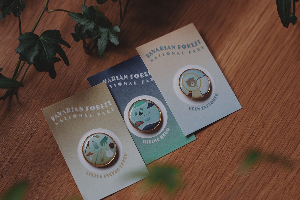 A series of badges created for Bavarian Forest National Park, designed to motivate children to engage with the park.