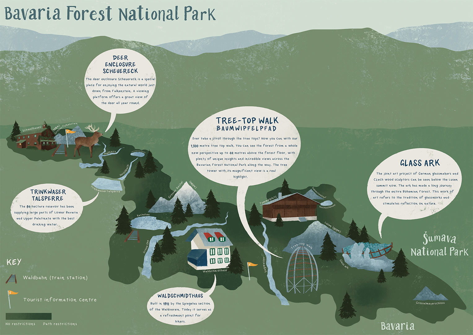 An illustrated map of Bavarian Forest National Park.