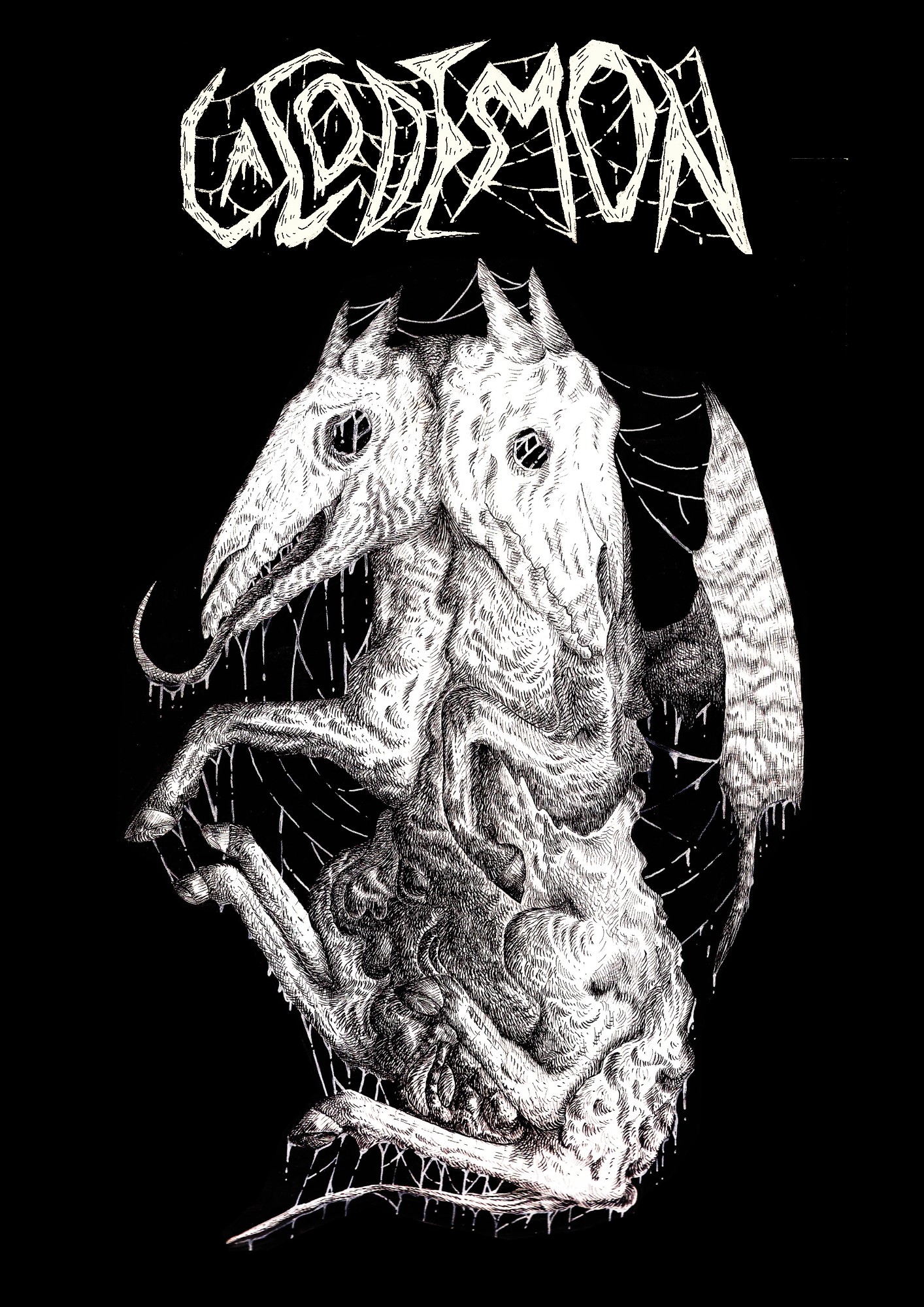 Band shirt design in response to the word prompt "cacodemon". Pen/ink, photoshop.