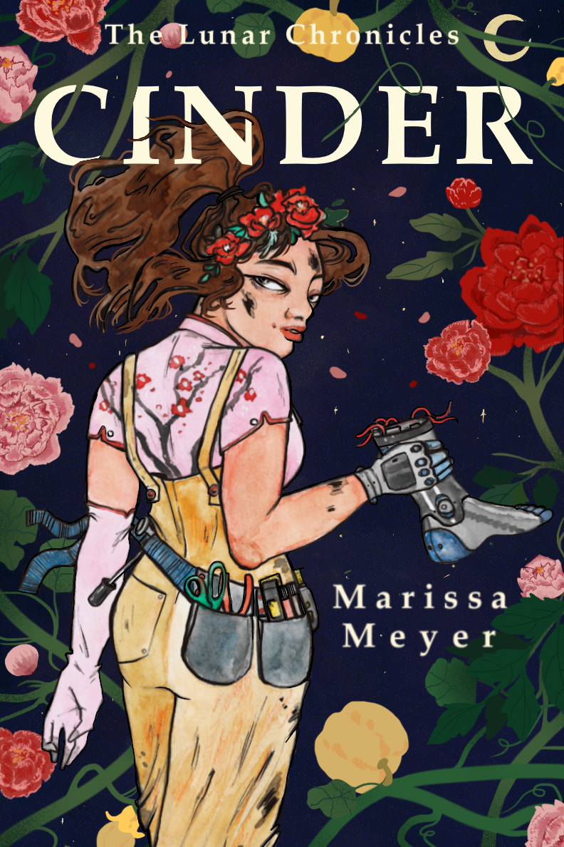 “Cinder”. One of four book covers for Marissa Meyer’s Young Adult sci-fi tetralogy, “The Lunar Chronicles”.