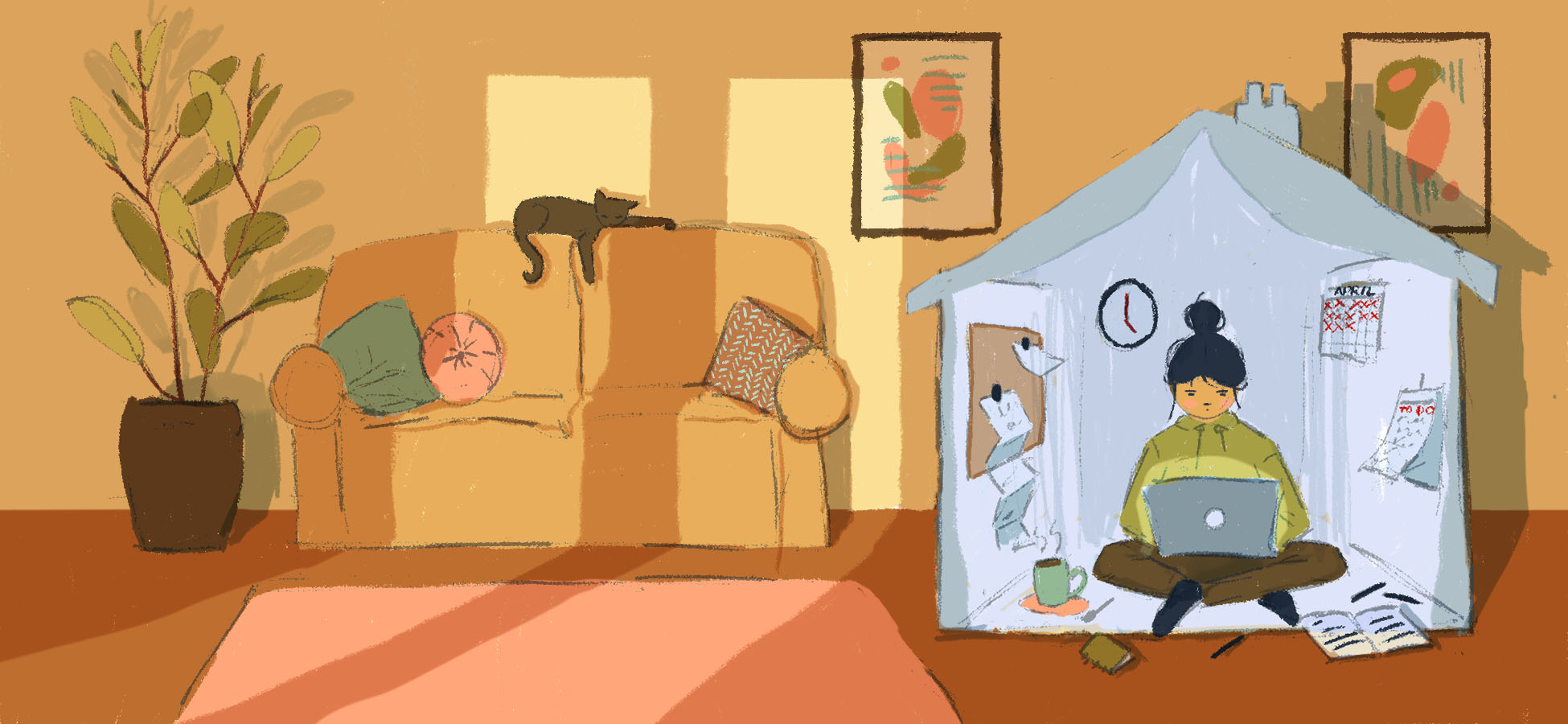 Illustration created for an editorial module brief on an article by Paula Akpan, "Advice – Working from home? Here are five ways to maintain productivity and counteract loneliness".