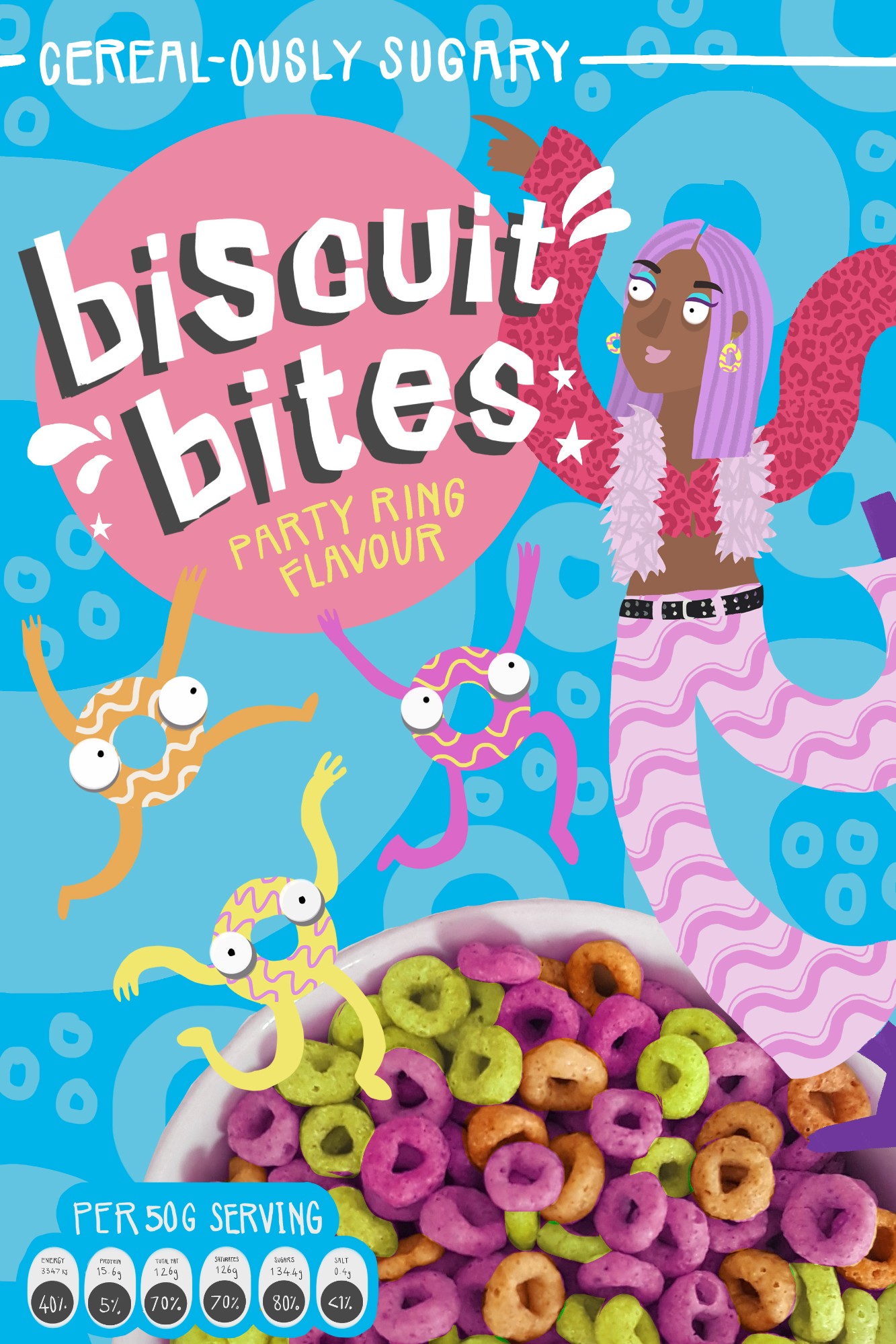 A cereal box cover for a fictional cereal line “Biscuit Bites”, based on nostalgic biscuits that I loved growing up.
