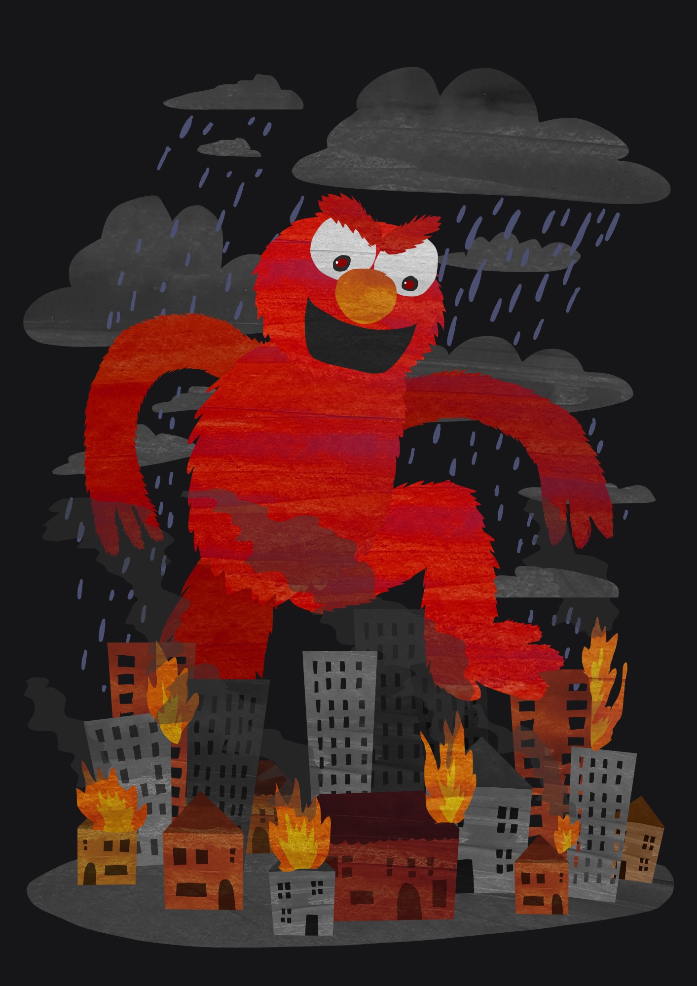 An image twisting the popular children’s toy Tickle Me Elmo and showing him destroying a city.