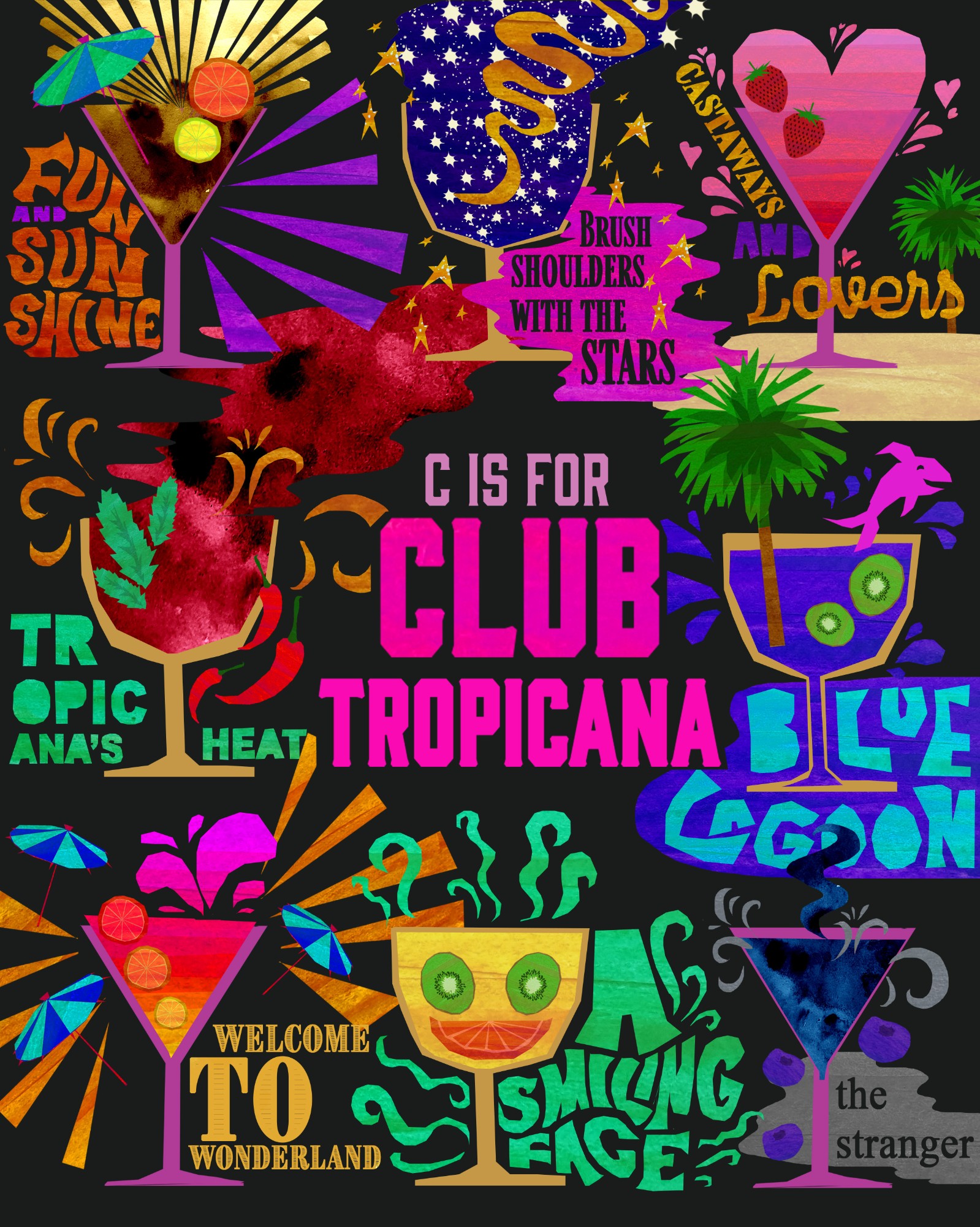 A page from my book “The ABC of the 80’s”, inspired by the lyrics and themes of Club Tropicana by Wham.