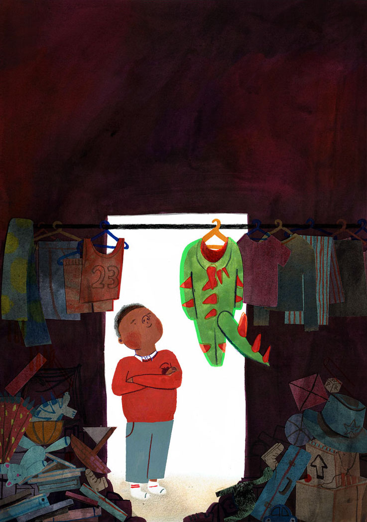 "Dino Boy" – Anticipation. The first page from my picture book "Dino Boy". Rex looks determinedly at his dinosaur costume hanging in the wardrobe.