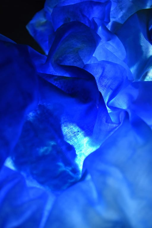 Light within the Blue, fabric sculpture, acrylic with LED blue light