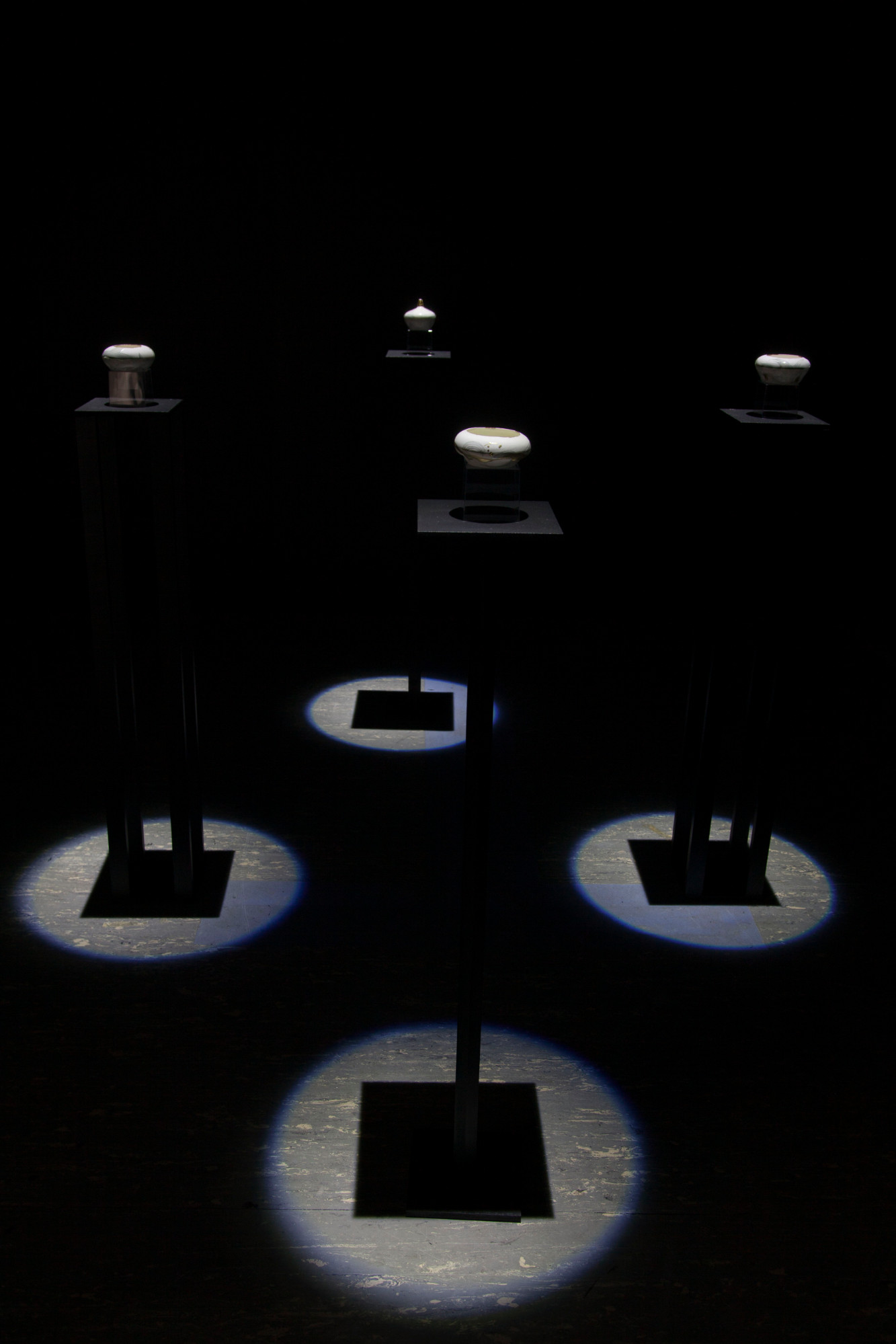 ‘Embrace’. A series of four stoneware, ceramic vessels presented on black plinths. H 140cm X W 200cm D 200cm, August 2021.