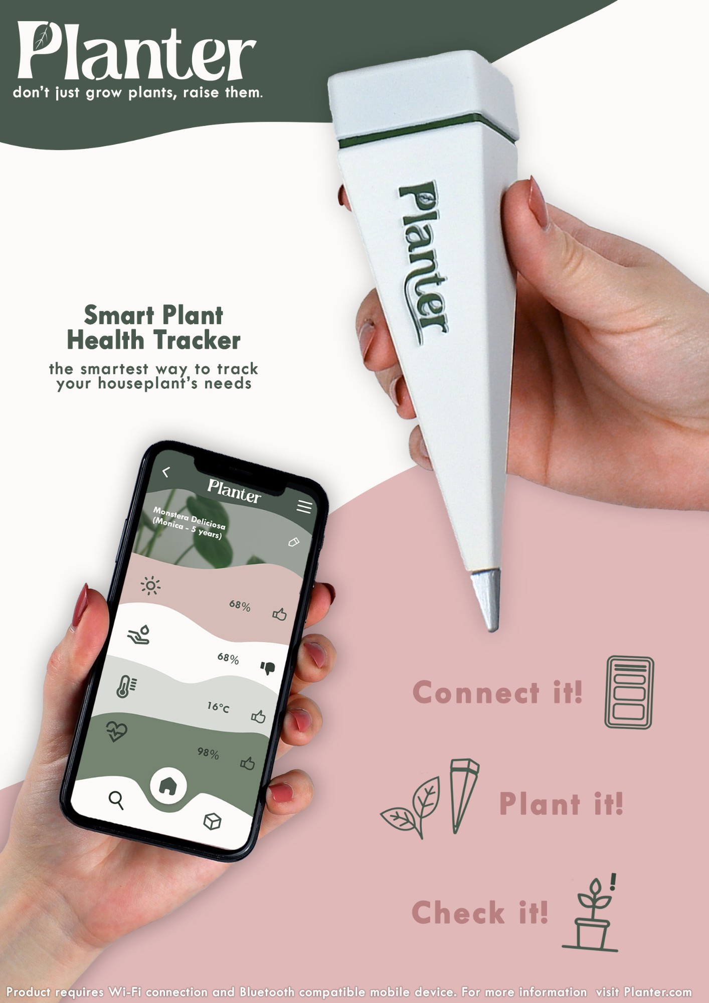 Promotional poster for hypothetical houseplant company Planter, featuring the prototype and accompanying app.
