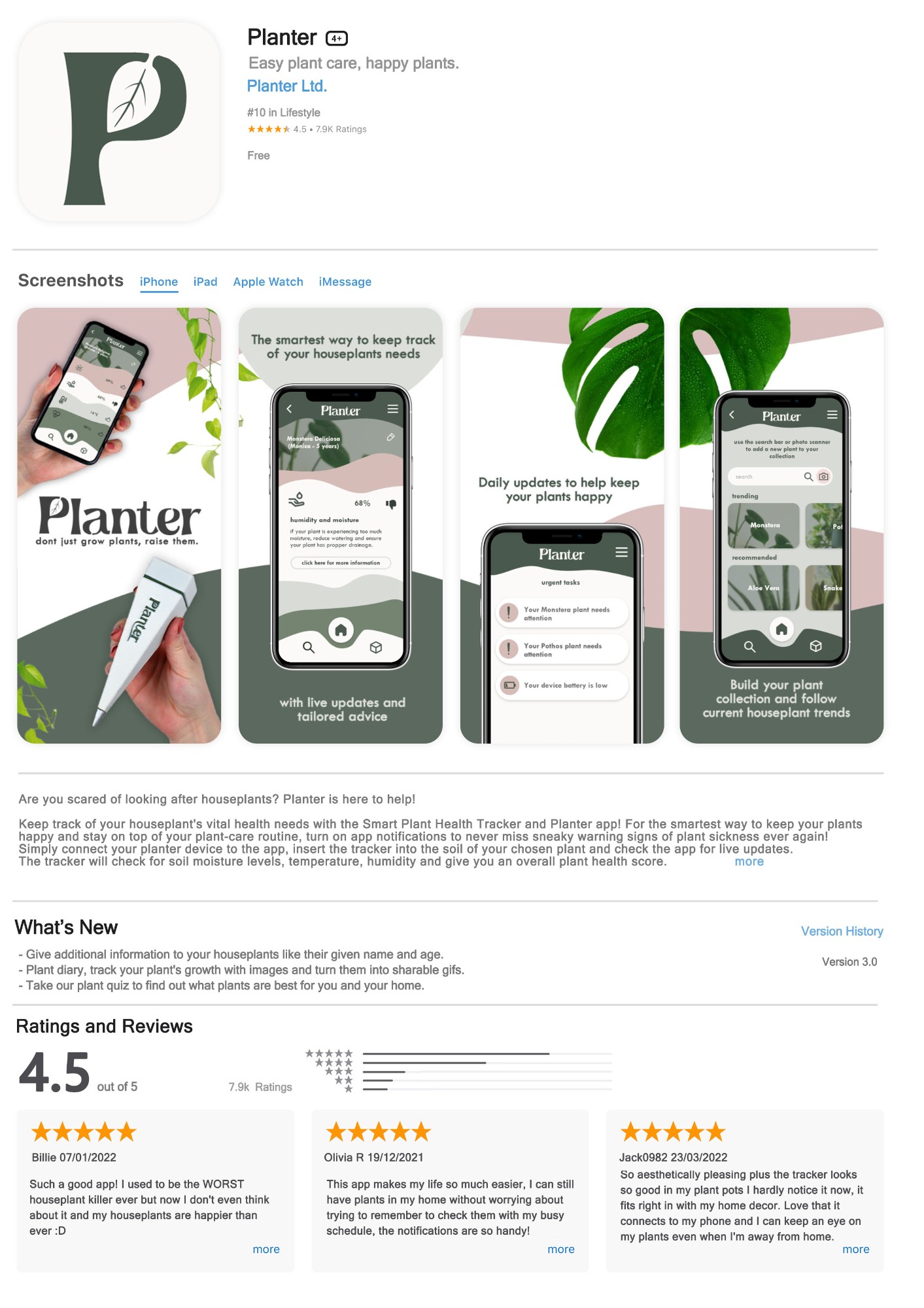 App store profile for the Planter app featuring images of the app pages and app description.