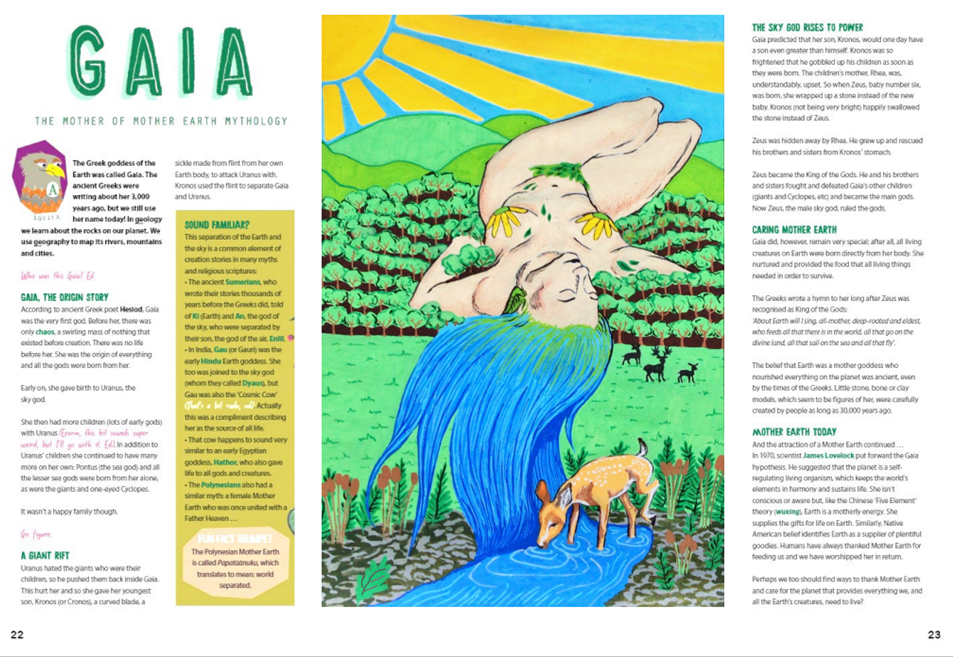 Editorial Illustration Practice for Aquila Magazine. A test editorial brief for children’s magazine Aquila on an article about Gaia, Mother Earth.