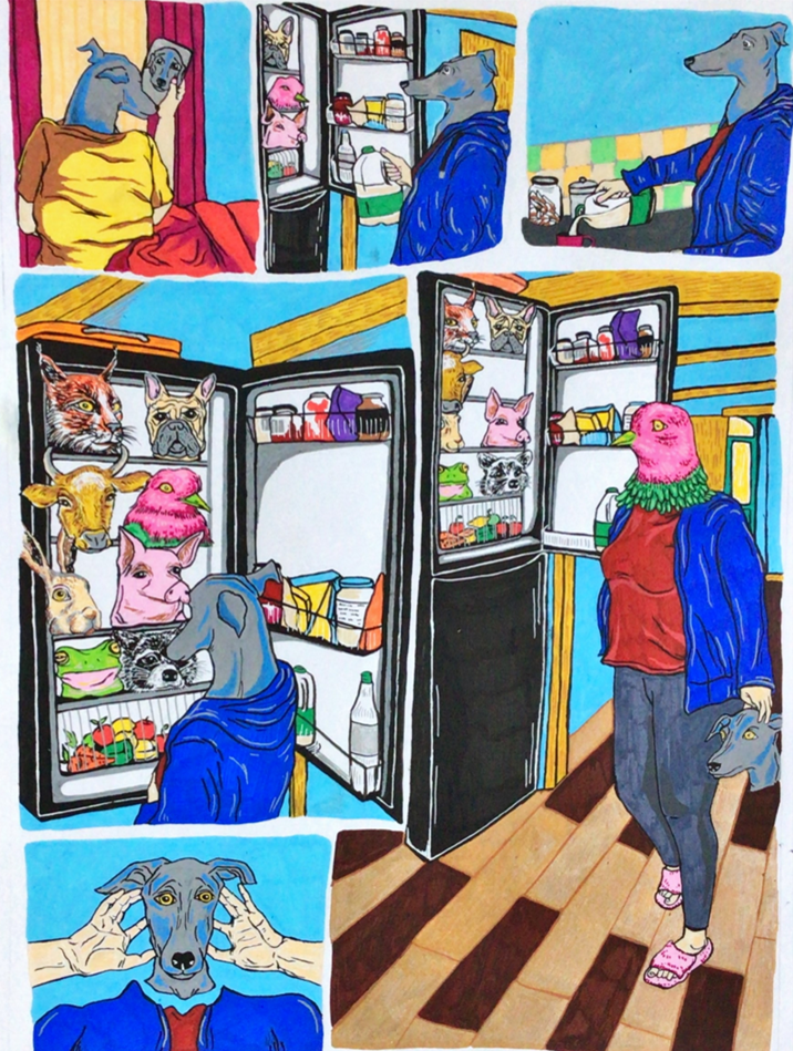 Daily Routine Comic. A comic page of a strange creatures daily routine of beginning the day with a cup of tea and a change of head.