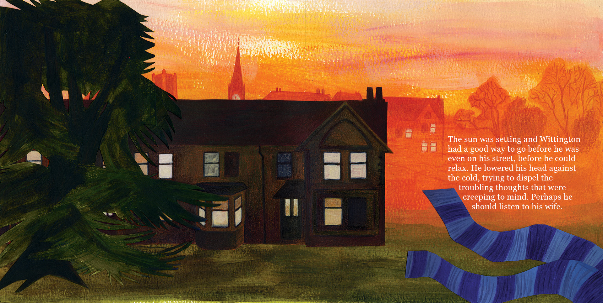 Sunset: a double page spread from my children’s picture book about a mouse on his way home from work