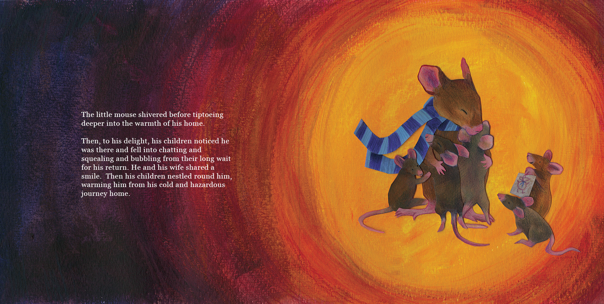 Wittington arrives home: a double page spread from my children’s picture book about a mouse on his way home from work