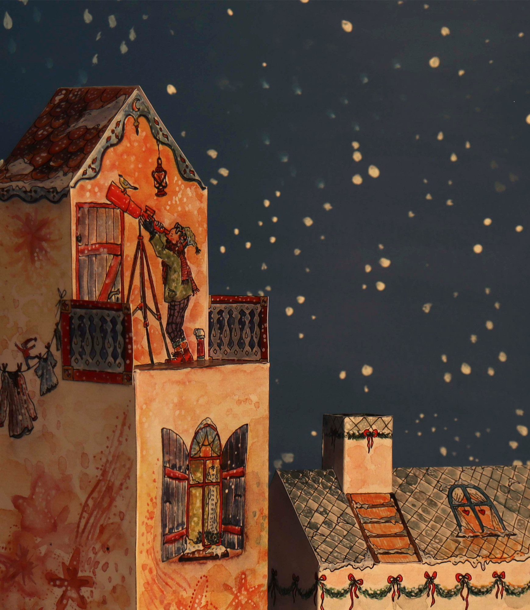'Looking for the Christmas Star'. One of the projects in my final term is an advent calendar that contains 24 cut-out sheets which can be cut out and folded into a Christmas town. Everyday a little story will introduce the new piece of the town and link them all together.