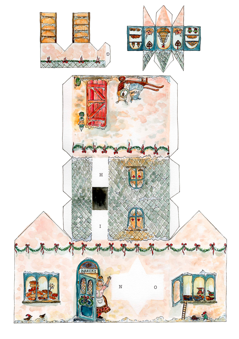 Cut-out sheet for Hilda Honeyheart's Bakery. Part of the advent calendar project.