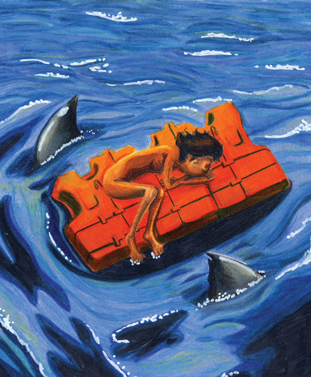 “Life of Pi”. Image from a series illustrated for “Life of Pi” by Yann Martel. Pi lost at sea on a self-made raft. Further illustrations are on my website.