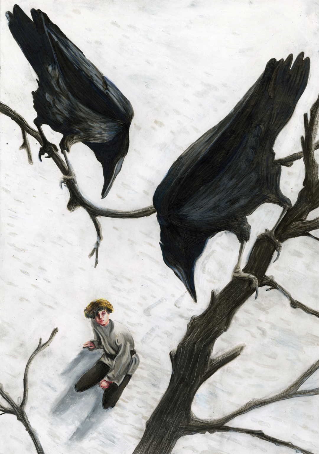 “Narcissus and Goldmund”. Image from a series illustrated for “Narcissus and Goldmund” by Hermann Hesse. Portrays Goldmund kneeling in the snow, surrounded by scavenging crows.
