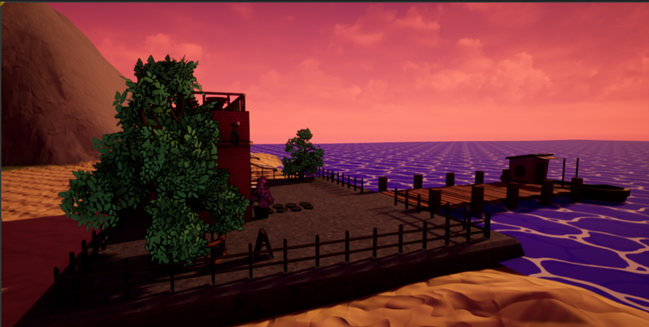 Side view of the café and Boat with sea and sunset.