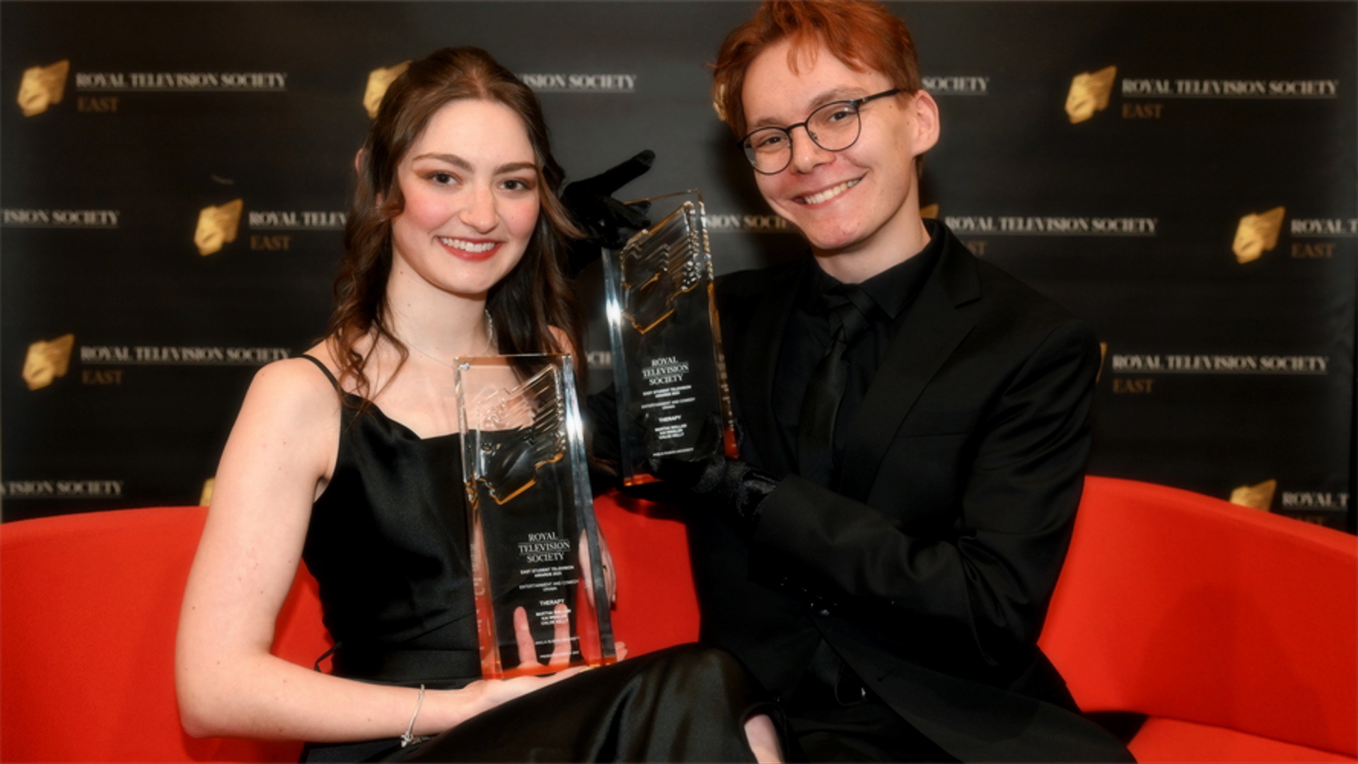 Director Martha Wallam and Producer Kai Wissler winning Best Comedy Drama at the RTS East Student Television Awards 2023
