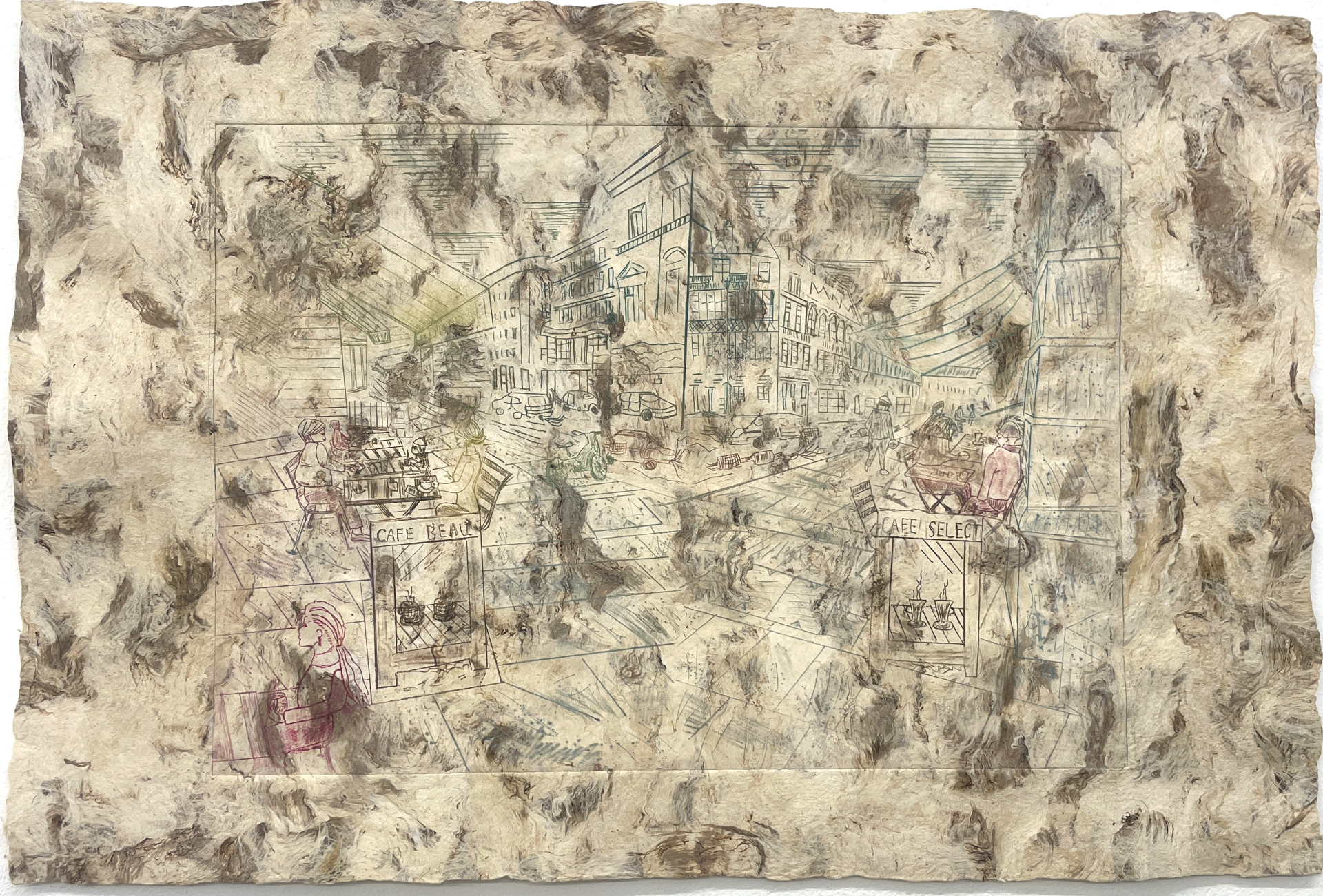 The cafe ‘lifestyle’ II. Multi coloured dry point printed on bark paper. 2023.