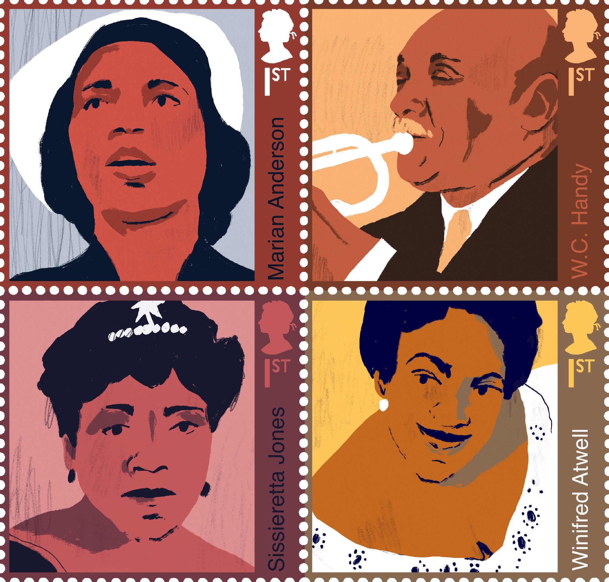 A set of four stamps celebrating the lives of four prominent individuals for black history month.