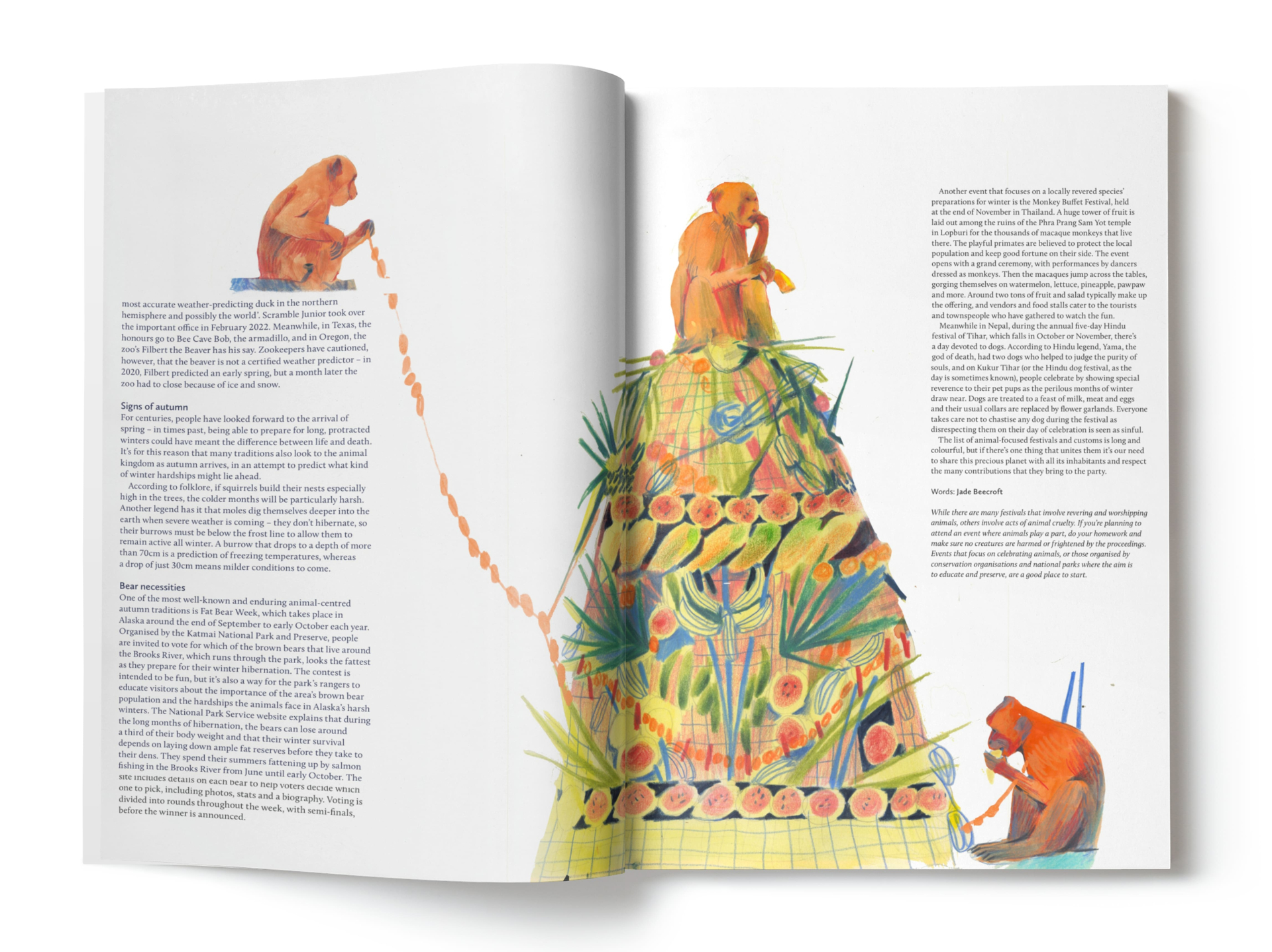 “Magical Creatures” editorial. Redesigning a spread from “Breathe” magazine about celebrations and festivals around the world that focus on animals.